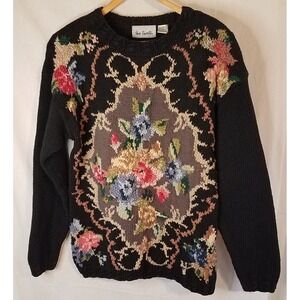 VTG Womens S Sweater Floral Flower‎ Black Ramie Cotton Two Twenty 1990's